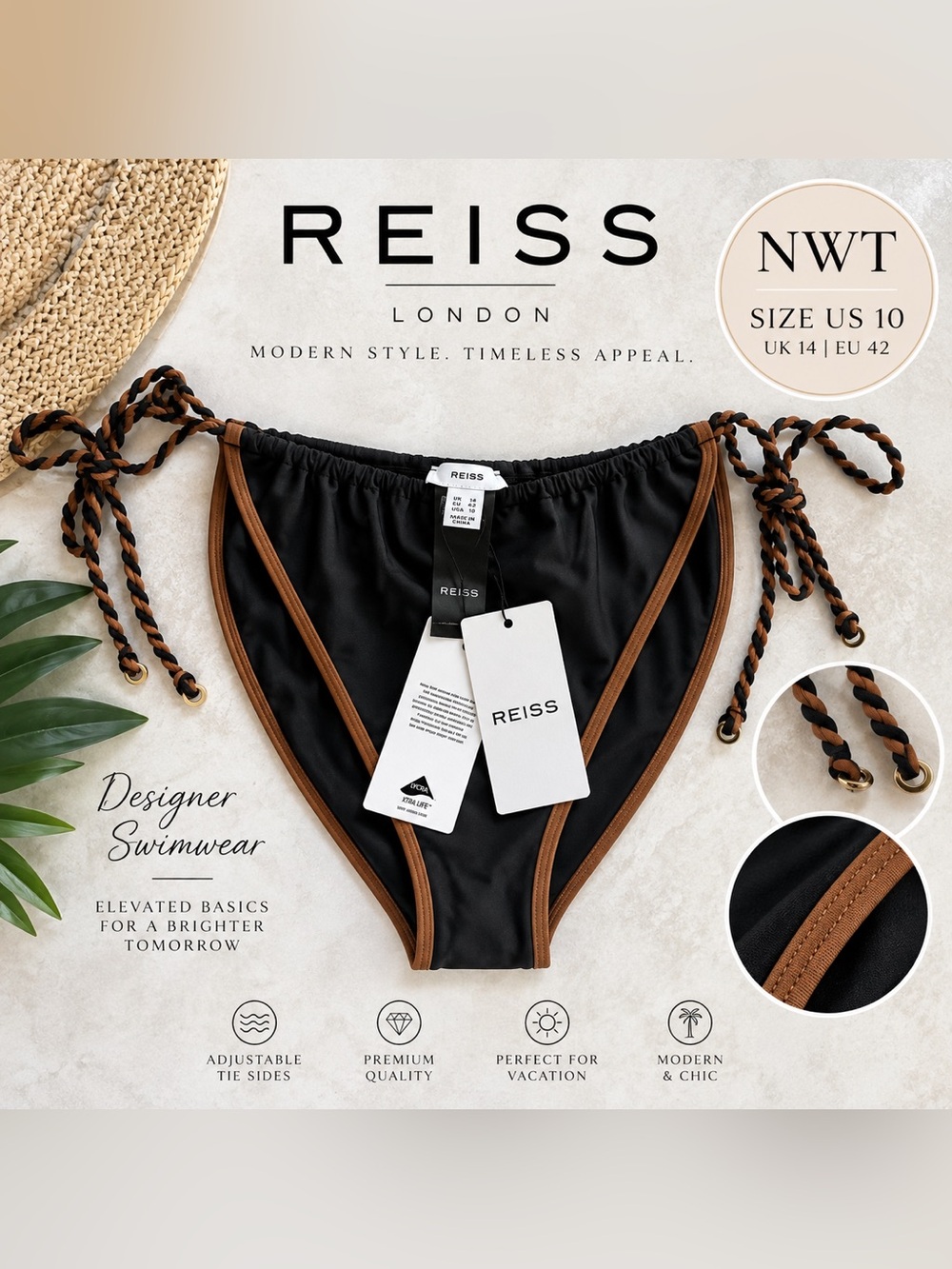 NWT Reiss Black Brown Contrast Tie Side Bikini Bottom Size US 10 UK 14
